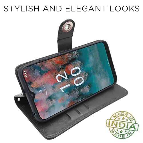 Image of Pikkme Nokia C12 / Nokia C12 Pro Flip Cover Leather Finish | Inside TPU with Card Pockets | Wallet Stand and Shock Proof | Complete Protection Button Flip Case (Black)