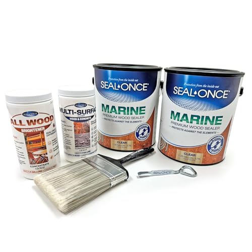 Seal-Once Marine Clear Wood Sealer Kit: 2 Gallons of Clear Wood Sealer, 1lb Multi-Surface Cleaner Concentrate, 1lb Brightener, Paint Brush, Lid Opener- Eco-Friendly Protection and Restoration