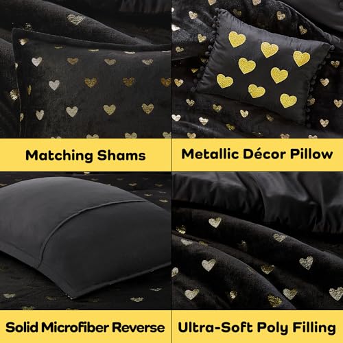 Image of Intelligent Design Queen Comforter Set, 4 Piece Metallic Hearts Bedroom Set for Girls, Queen Bed Set Soft Plush Comforter, Rosalie All Season Fluffy Bedding Set, Full /Queen, Black /Gold 4 Piece