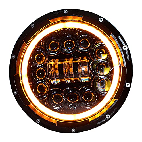 Image of Miwings 7 inch Round LED Stylish 12COB3HID Hi /Low Beam 75W H4 Headlight Compatible with Royal Enfield, Jeep, Thar, Motorcycle, Cars, Harley Davidson (Color Amber & White)