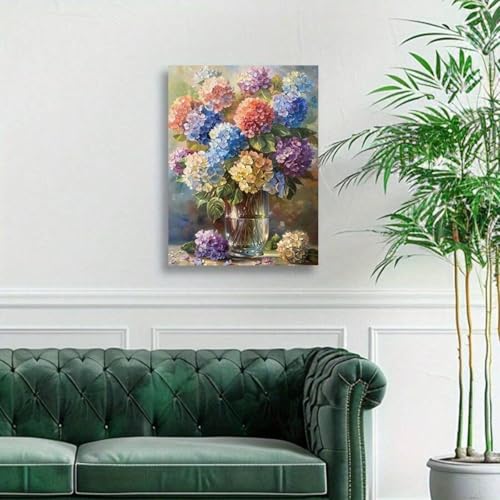 Décoration murale florale salon tableau hortensias chic