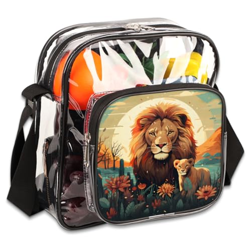 Clear Crossbody Bag Stadium Approved Lion Transparent Bag for Festivals, Sports Events, Concerts,Beach Bag for Women Men Lions Resting Clear Purse with Front Pocket Messenger Bag with Adjustable Strap