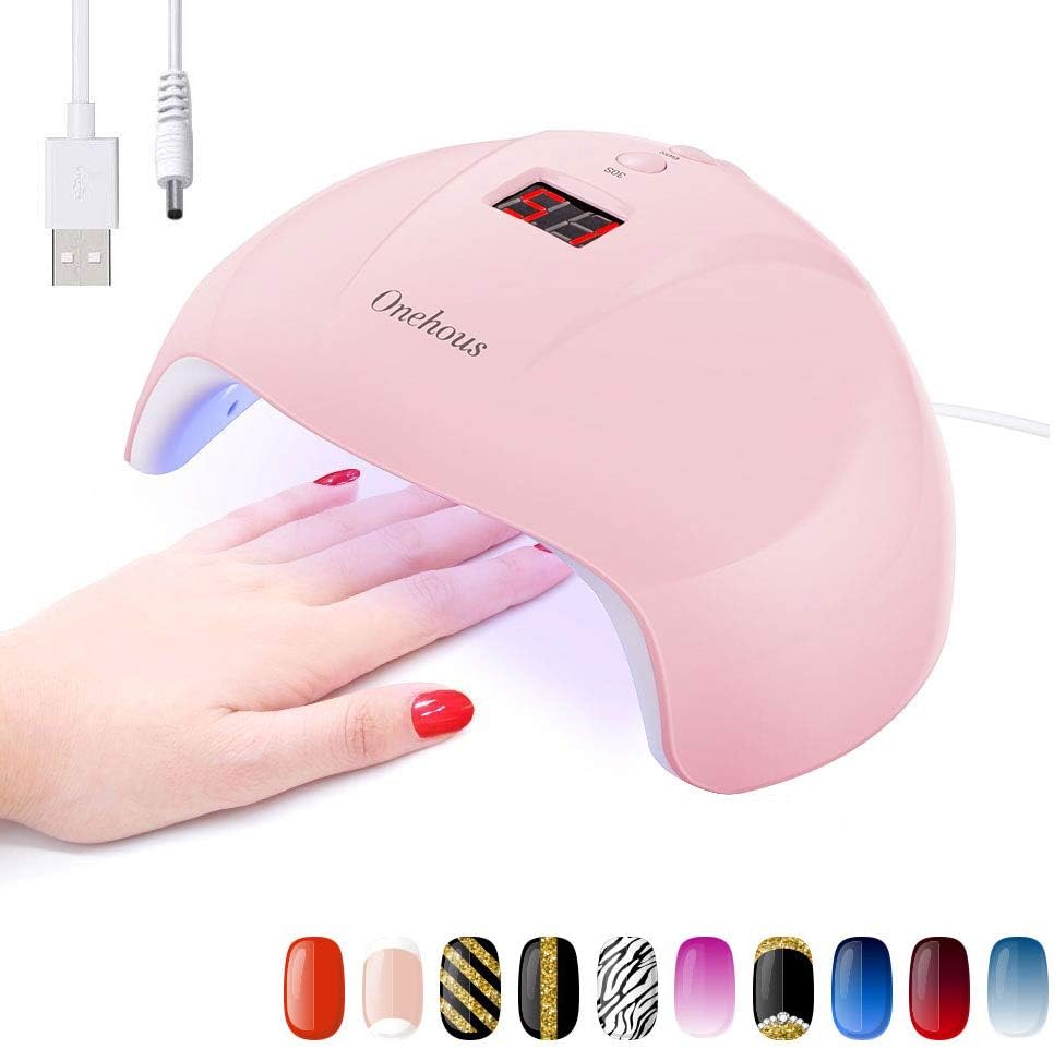 UV Lamps for Gel Nails, Onehous LED Gel Nail Kits, Professional Fast Polish Curing Nail Dryer with USB Interface Power Supply, Smart Sensor, 30s/60s/90s Timer Setting (24W Pink)