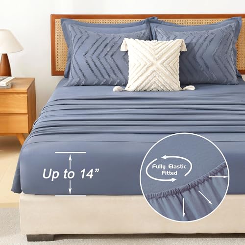 Image of Litanika Queen Size Comforter Set with Sheets Bluish Grey - 7 Pieces Bed in a Bag Queen Chevron Tufted Complete Bedding Sets with Comforter, Sheets, Pillowcases & Shams