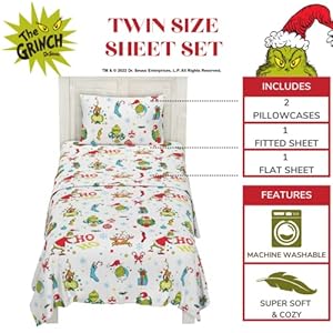 Franco Grinch by Dr. Seuss Holiday & Christmas Bedding Super Soft 100% Cotton Flannel Sheet Set, 3 pcs, Twin, (Official Dr. Seuss Product) Franco Grinch by Dr Seuss Holiday Christmas Bedding Super Soft 100 Cotton Flannel Sheet Set 3 pcs Twin Official Dr Seuss Product