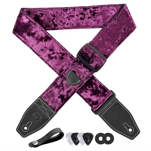 YIKOKO Correa de guitarra de terciopelo de 2 pulgadas con extremo de piel de grano completo, para...