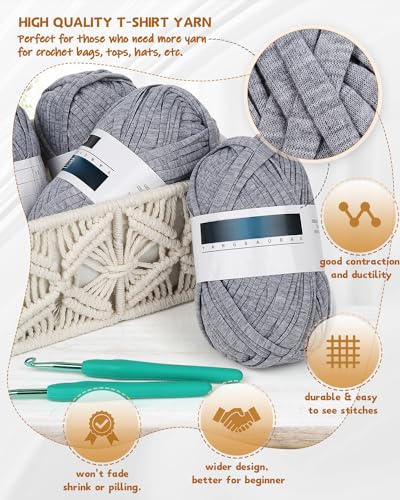 Image of Katech 400g T Shirt Yarn for Crocheting, Elastic Fabric Yarn for Bag-Gray