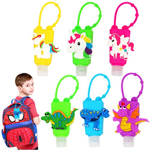 6pcs children's liquid soap container portable empty bottle hand sanitizer holder cartoon 30ml leak proof refillable plastic travel bottle with removable silicone protective cover