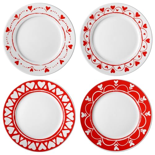 Jinei Set of 4 10 Inch Valentine's Day Ceramic Flat Plates Red White Heart Dining Serving Plates Round Dessert Salad Dish Set Gift for Valentine's Day Wedding Anniversary Party Decoration