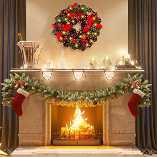 McNory 30cm Christmas Wreath Xmas Decorations Winter Pine Door Wreath Front Door Artificial Pine Garland with LED Light Red Flower Berries Balls Decor Christmas Window Wall Decorations