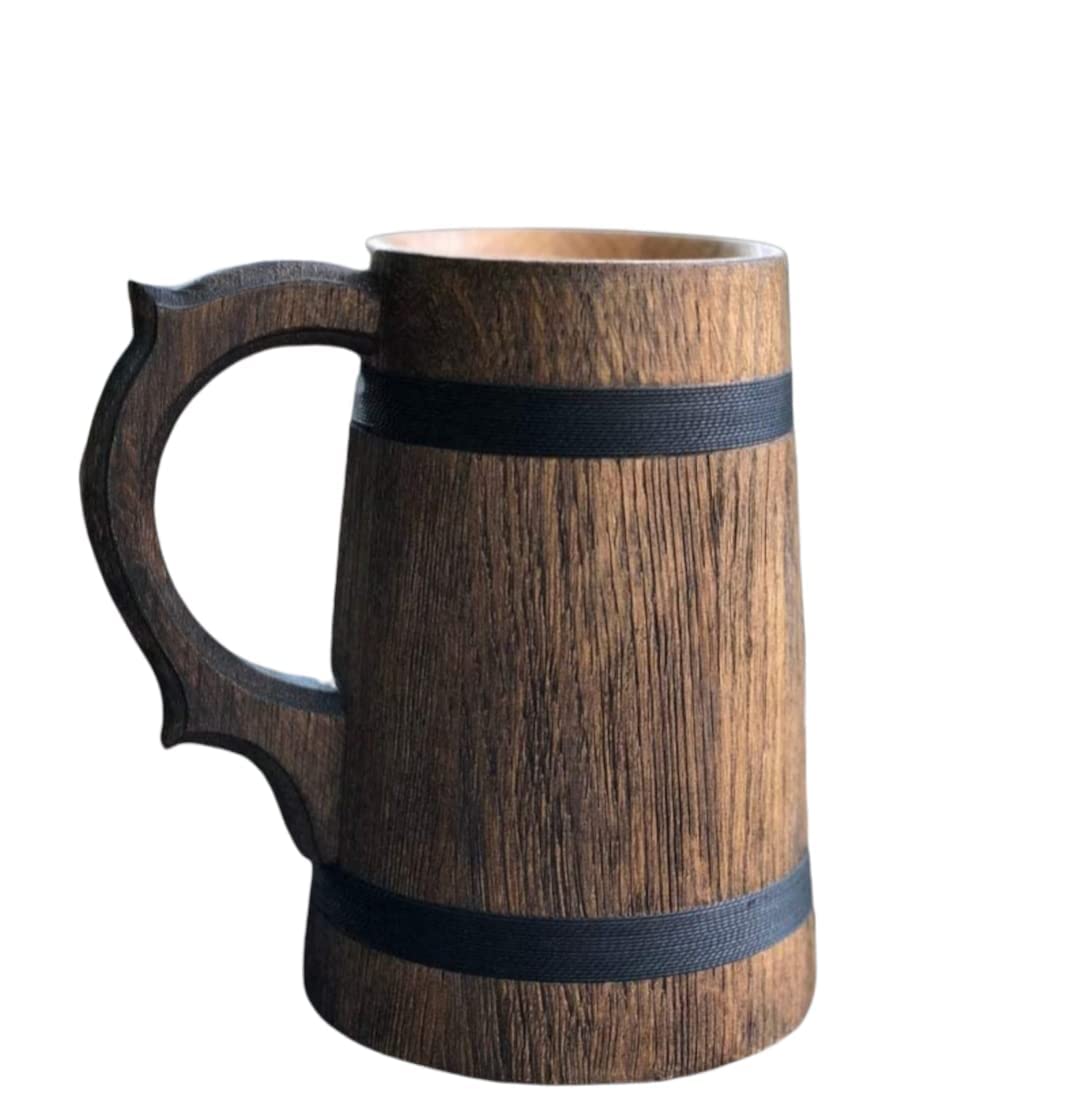 HS ART Handmade Real Oak Eco-Friendly Rustic Look Wooden Beer Mug with Handle for Birthday Home Bar/Cafe/Pubs/Party (with PU Waterproof Polish, Brown, Antique)