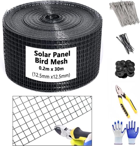 RSXMAX Kit di rete per uccelli a pannello solare, 20,3 x 30,5 m, filo in PVC, protezione per uccelli per pannelli solari per evitare che i piccioni nidificino sotto il tetto con 70 chiusure in acciaio