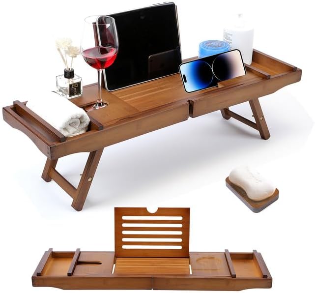 HBlife Bamboo Bathtub Caddy Tray with Extending Sides