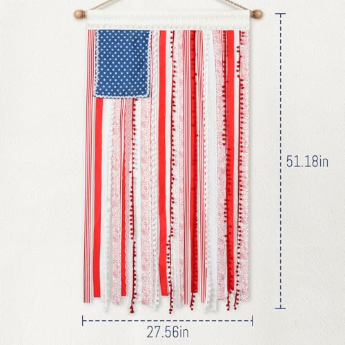 Image of 4th of July Decorations - Vintage American Flag 4 x 2.3 Ft Rustic Rag Ribbon Flag Banner - Patriotic Flag & Independence Day Decor for Home Mantel Party Vintage 4th of July Decorations for Outside Yard Porch