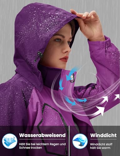 donhobo Damen 3-in-1 Jacke Fleecejacke wasserdichte Winddichte Skijacke Winterjacke Wanderjacke Softshelljacke Regenjacke mit Kapuze Lila L