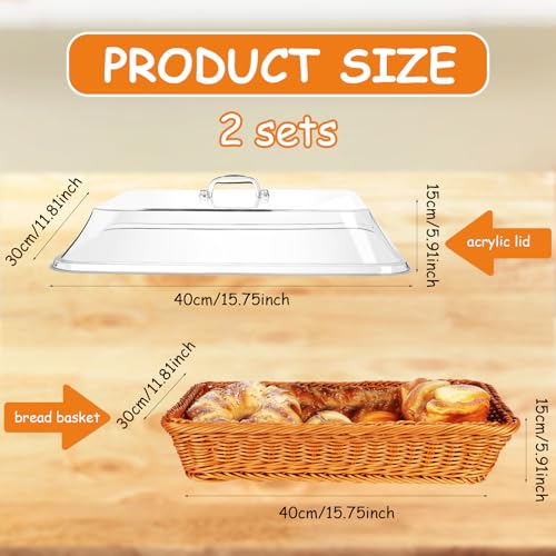 2 Pcs Rattan Bread Basket 15.7 x 11.8 Inch Woven Imitation Rattan Fruit Basket with Acrylic Lid Wicker Bread Basket for Serving with Cover Food Vegetable Display Storage Baskets for Kitchen Restaurant