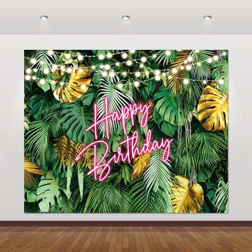 Hawaiian Tropical Palm Leaves Happy Birthday Backdrop 10x8ft Summer Jungle Greenery Leaf Aloha Luau Party Background Tropical Leaves Birthday Banner Decorations Photo Studio Shoot