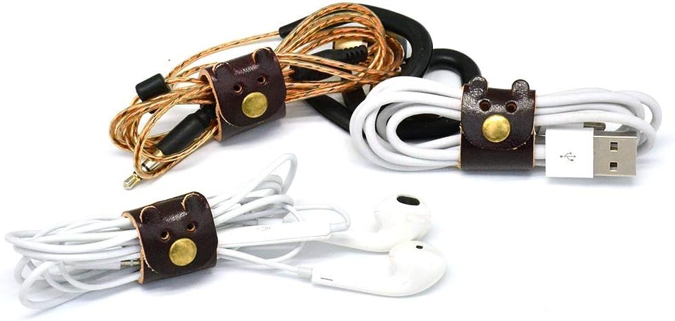CAILLU Earbud case Tiny Leather Gadget Cord Organizer,Headphone Earbud Holder,Headset Wrap Winder,Cord Manager,Phone Earphone case Holder USB Cable Ties,Cable Earbud case Clips 3 Dark brown Bear