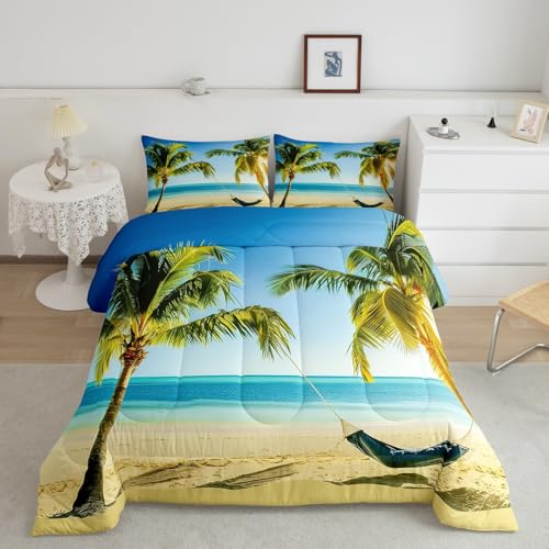 Coastal Palm Tree Comforter Set Queen Size, Summer Hawaiin Style