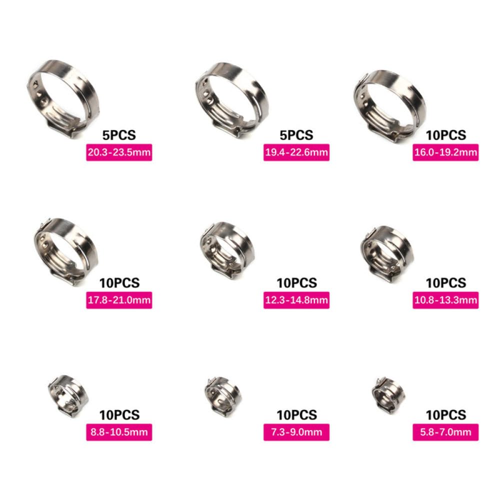 45/80/130/140 piezas Abrazaderas de manguera continuas de una sola oreja 5,8-23,5 mm Abrazaderas de manguera de acero inoxidable 304 Anillos de abrazadera de cincha para tipos de sellado, 140 piezas