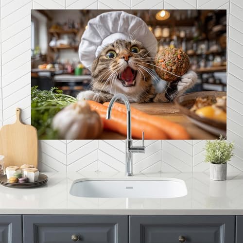 Image of Funny Chef Cat Kitchen Backsplash Peel and Stick, 35.4x23.6 in