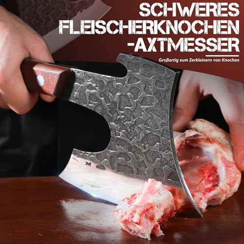 Purple Dragon Hackbeil Schwer für große Knochen und Fleisch, Full Tang Küchenbeil mit Lederscheide, Scharfes Metzgermesser aus hochwertigem Kohlenstoffstahl, Hackmesser für Knochen und Fleischerbeil
