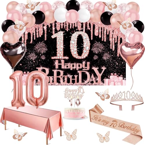 10 Geburtstag Mädchen Deko 49 Stück Black Rose Gold Black Happy 10th Birthday Banner Tischdecke Schmetterlingsdekoration Krawatte und Tiara Kuchenverzierung Ballonbogen