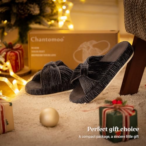 Image of Chantomoo Slippers for Women Memory Foam House Bedroom Corduroy Bow Crossbands Slipper Shoes Comfy Trendy Gift Slippers