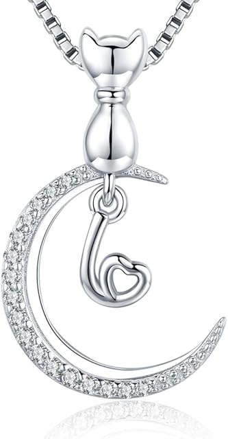 Cat Necklaces 925 Sterling Silver Cat Gifts for Cat Lovers Zirconia Cat Moon Necklace with Chain Cute 3D Cat Pendant Animal Crystal Jewellery Gifts for Women Girls (with Gift Box)