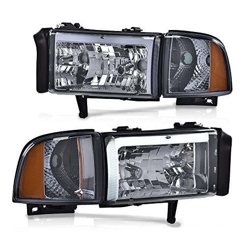 Image of GRAND ORANGE Led Drl Headlights Assembly, Compatible with Dodge Ram 1500 2500 3500 1994 1995 1996 1997 1998 1999 2000 2001 2002 Black Housing Clear Corner(Smoky lens Chrome Housing Amber Reflector)