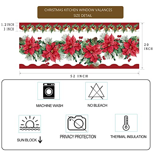 Christmas Poinsettia Kitchen Curtain Valances Red And Green Blooming Small Window Valances With Rod Pocket Merry Xmas Bedroom Bathroom Laundry Short Curtains Decoration, 52X18Inch #TOP1