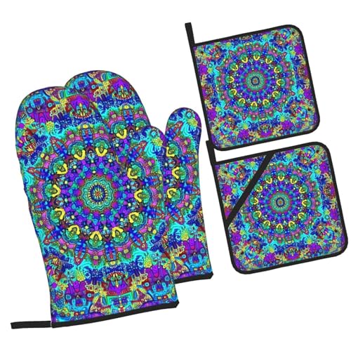 Mandala Boho Oven Mitts and Pot Holders Sets of 4, Cute Vintage Heat Resistant Oven Mitts - Non-Slip Cooking Gloves for Kitchen Baking Grilling BBQ