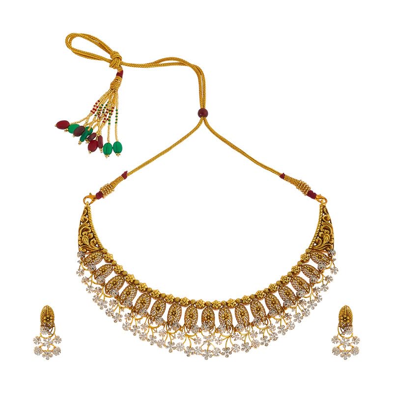 Kushal’s Fashion Jewellery White Oxidised Gold Plated Ethnic 92.5 Pure Silver Temple Necklace Set
