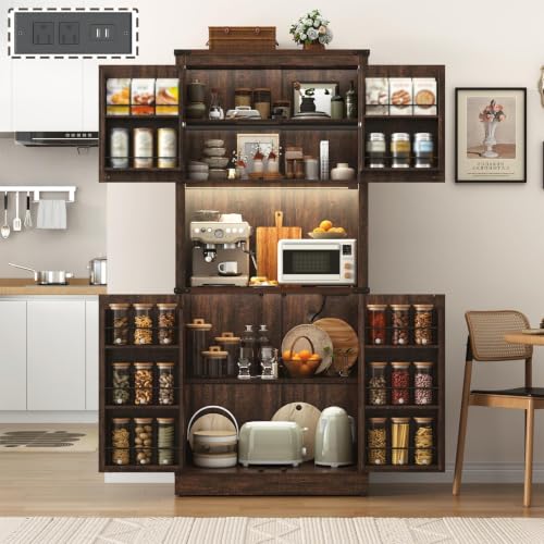 Image of 72 inch Tall Farmhouse Kitchen Pantry Cabinet with LED Light and Power Outlet,Modern Farmhouse Kitchen Storage Cabinet w Load-Bearing Steel Pipe,Barn Doors, Organizer,Food Pantry Cabinets(Rustic Brown)