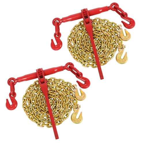 Image of G80 5 /16 inch x 10FT Chain and Binder Set, 2 Pack Heavy Duty Ratchet Chain Binder 5 /16 inch-3 /8 inch with 5400LBS WLL & 19000LBS Break Strength, Complete Chains and Binders for Truck Trailer Flatbed Cargo Tie