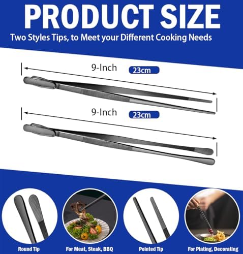 JETKONG 2 Pcs 9-Inch Food Tweezer Tongs, Stainless Steel Kitchen Tweezer Cooking Tweezers (Black) — view 2