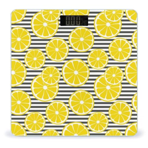 Báscula digital con estampado de limón amarillo para peso corporal, pantalla LCD brillante, báscula digital de baño con encendido y apagado automático, superficie de vidrio templado resistente
