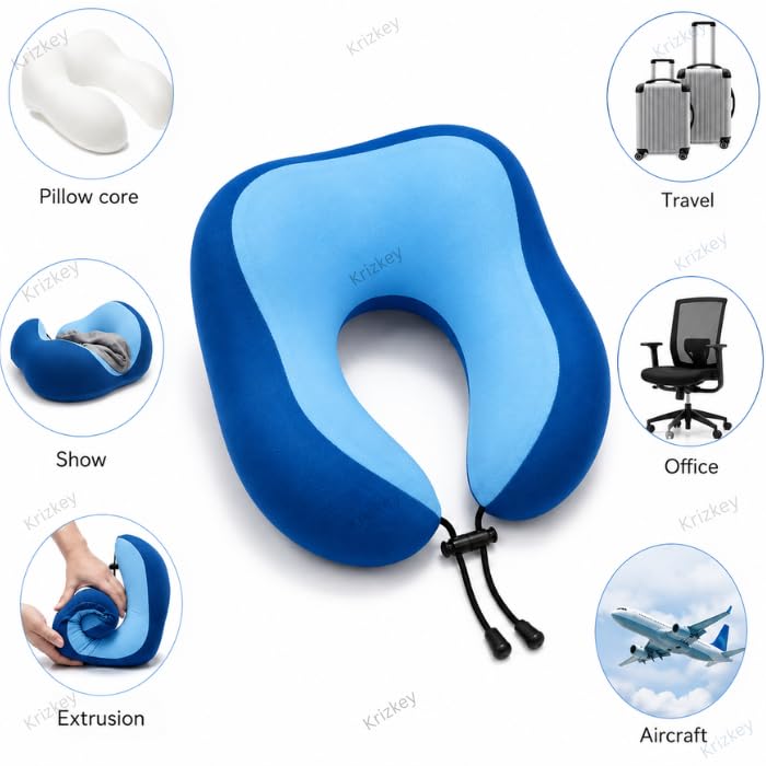 Image of Memory Foam Travel Neck Pillow with Portable Storage Case | Soft U-Shaped Neck Support Cushion for Airplane, Car, Train & Office | Lightweight Ergonomic Travel Pillow (Blue)