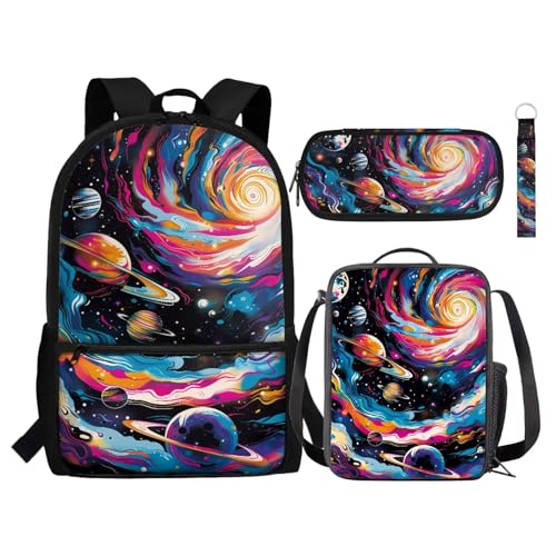 Zaino per bambini set da 4 pezzi include borsa per libri scolastici per il pranzo portapenne portachiavi per la scuola Colorato Planet Swril Taglia unica Zaini Daypack