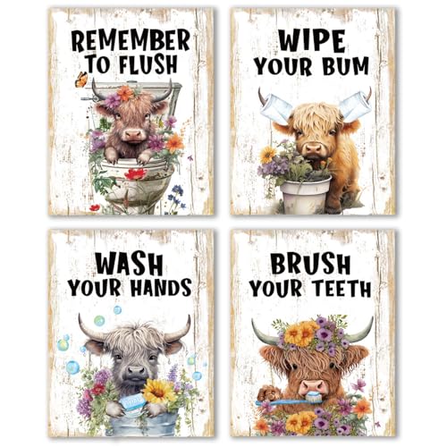 Divertido póster de baño de vaca de las tierras altas, citas inspiradoras, impresión artística humorística con pincel de lavado al ras (8 x 10 pulgadas), sin marco, reglas de inodoro, arte de pared