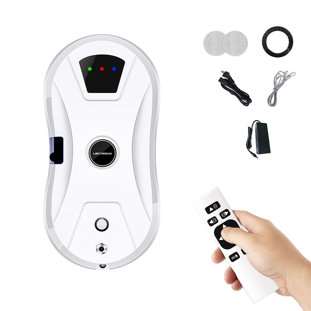 Robot lavavetri con telecomando, potenza di aspirazione 2800PA, robot lavavetri con serbatoio dell'acqua da 30 ml, spruzzo d'acqua automatico, lavavetri ligente per specchio del bagno,