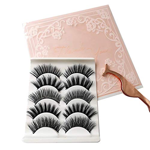 Fleurapance 3D Fake Eyelashes Extensions 5 Pairs of 5 Styles Fluffy Volume Long Soft Handmade False Lashes With Eyelashes Tweezers (Rose Gold)