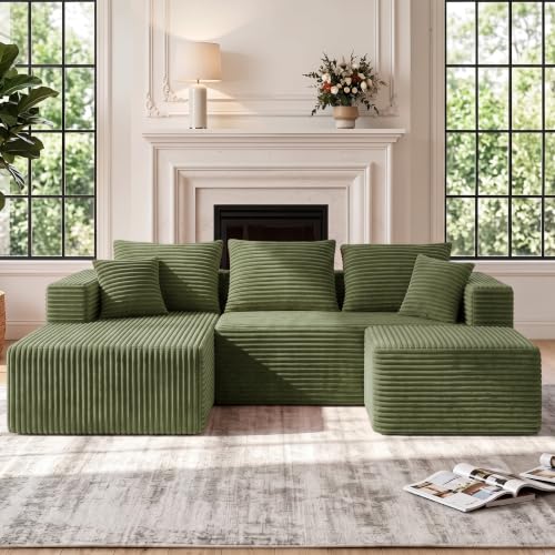 Image of 93 inch U-Shaped Boneless Couch, Corduroy Cloud Couch Sectional with Chaise and Ottoman, Deep Seat Modular Sectional Sofas for Living Room, No Assembly - Olive Green (Left Facing Chaise)