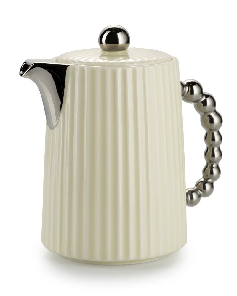 Service à café en céramique pour 4 personnes – Set avec théière, 4 tasses et plateau de service – Service à café crème avec poignée en métal – Idéal pour le service à café ou à thé