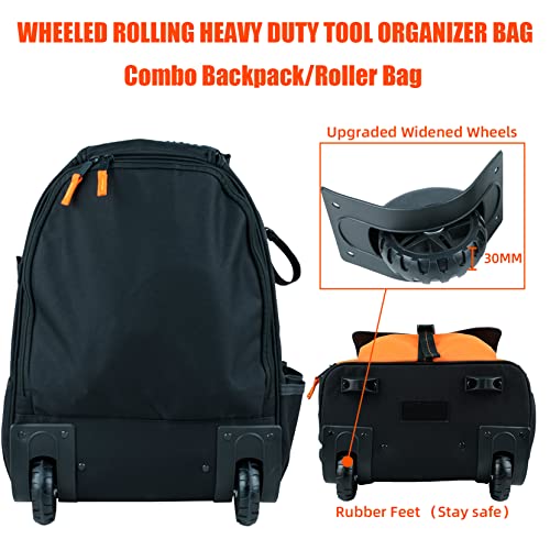 Kunn Rolling Tool Bag 37Pockets Wheeled Tool Backpack With Widen Wheels Portable Tool Organizer,Heavy Duty,Orange #TOP2