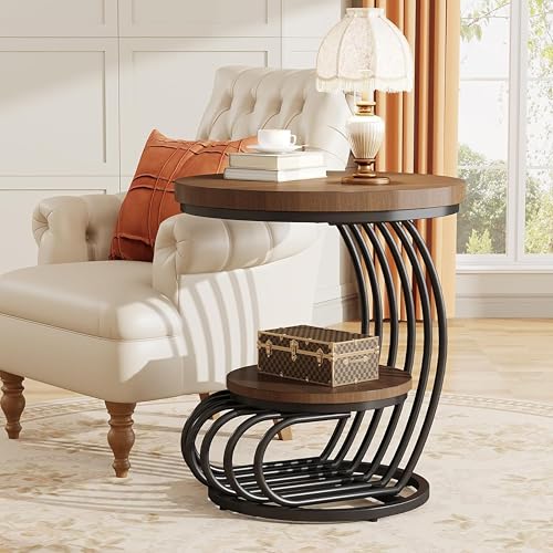 Image of Coffee Table, Tea Table, Round Sofa Side Table, Two-Tiered Metal end Table, and Bedside Table with a Marble Appearance for Living Rooms, bedrooms, or Apartments (Black Walnut)