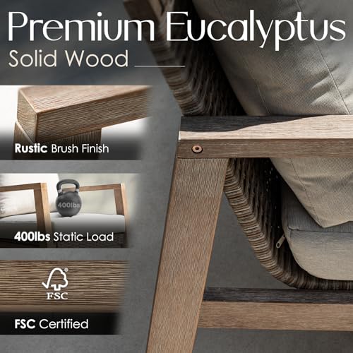 IDZO Olivier Premium Eucalyptus Outdoor Club Chairs Set of 2, 400lbs Heavy Duty Patio Furniture Set, Ergonomic Slanted Backrest Design, 4.5in Thick Cushion, Wood Wicker Silver Gray - Thumbnail 4