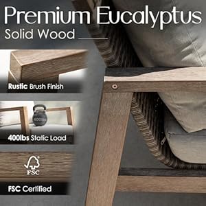 Idzo olivier premium eucalyptus outdoor club chairs set of 2 400lbs heavy duty patio furniture set ergonomic slanted backrest design 45in thick cushion wood wicker silver gray  urban country home decor