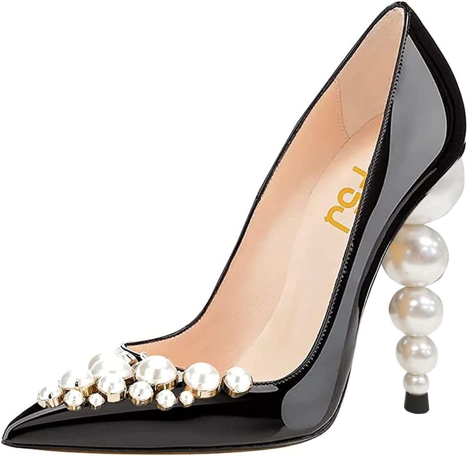 FSJ Slip On Pearls Beaded High Heels Slip On Pump Pointed Toe Mirror Effect Shiny Party Dress Club Shoes for Women Pearl 4-15 US