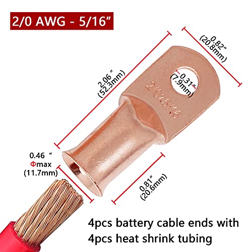 Image of TKDMR 2 /0 AWG-5 /16 inch Battery Lugs - Copper Wire UL Listed Heavy Duty Cable Ends, Tubular Ring Terminals, Crimp Connectors With 3:1 Heat Shrink Tubing